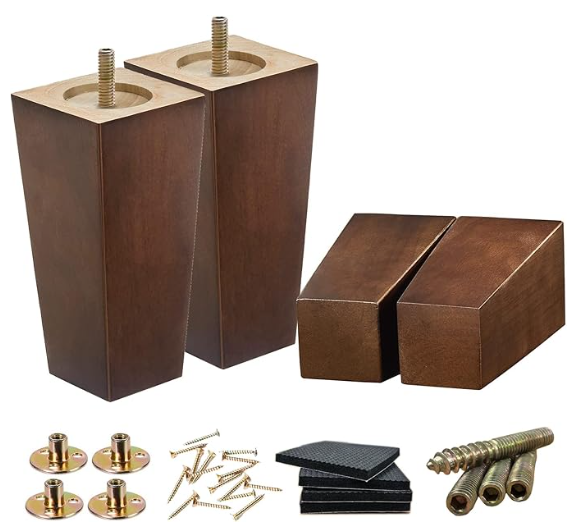 Wood Furniture Legs - 6 inch Sofa Legs Pack of 4 Square Brown Couch Legs, Mid Century Chair Feet, Sofa Replacement Parts, for Dresser, Sideboard, Recliner, Coffee Table