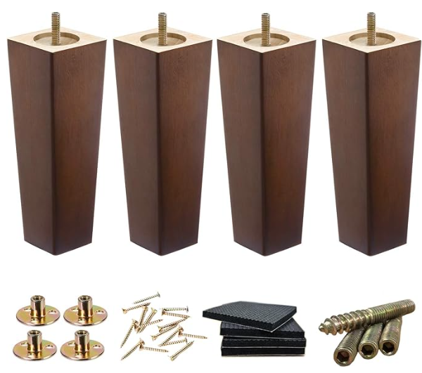 Wood Furniture Legs - 8 inch Sofa Legs Pack of 4 Square Brown Couch Legs, Mid Century Chair Feet, Sofa Replacement Parts, for Dresser, Sideboard, Recliner, Coffee Table