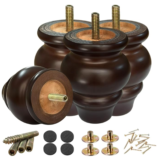 SHANJUE Wood Furniture Legs Pack of 4 Sofa Legs Round Couch Legs Brown Mid-Century Modern Replacement Legs for Armchair Recliner Coffee Table Dresser