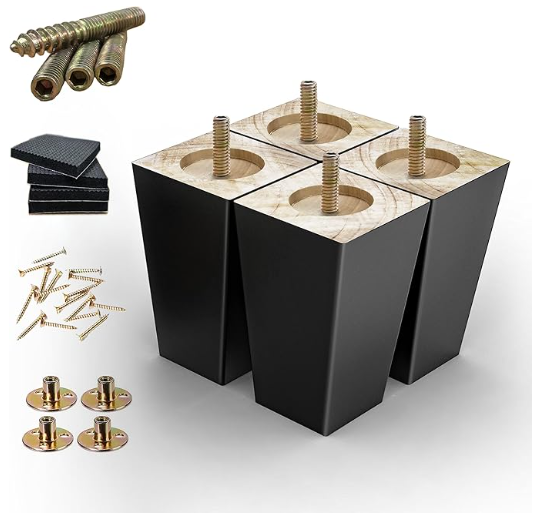 Wood Furniture Legs 4 inch Sofa Legs Pack of 4,Square Couch Legs Black Mid Century Desk Legs,Sofa Replacement Parts,for Dresser, Sideboard, Recliner, Coffee Table