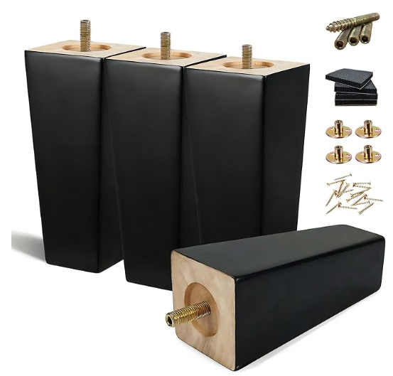 Black Sofa Legs-Furniture Legs 6 inch,Square Couch Legs Pack of 4- Wood Furniture feet,Sofa Replacement Parts,for Dresser, Sideboard, Recliner, Coffee Table