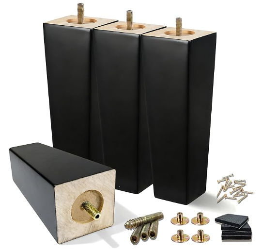 Wood Furniture Legs 8 inch Sofa Legs Pack of 4,Square Couch Legs Black Mid Century Desk Legs,Sofa Replacement Parts,for Dresser Legs Sideboard Recliner Couch Circle Chair (Black, 8 inch)